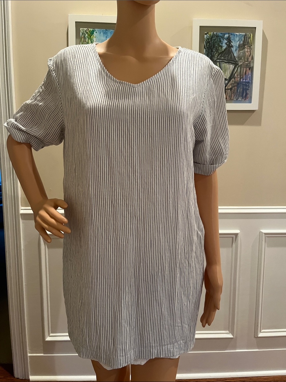 Striped Short-Sleeve V-Neck Mini Dress in Black and White